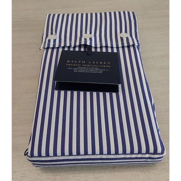 Ralph Lauren Organic Shirting Stripe 100% Cotton Two King Pillowcases Blue White - Picture 5 of 11